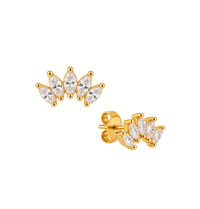 A pair of gold stud earrings featuring marquise-cut clear gemstones arranged in a curved fan shape, shown on a plain white background with one earring facing forward and the other angled to show the post and backing.