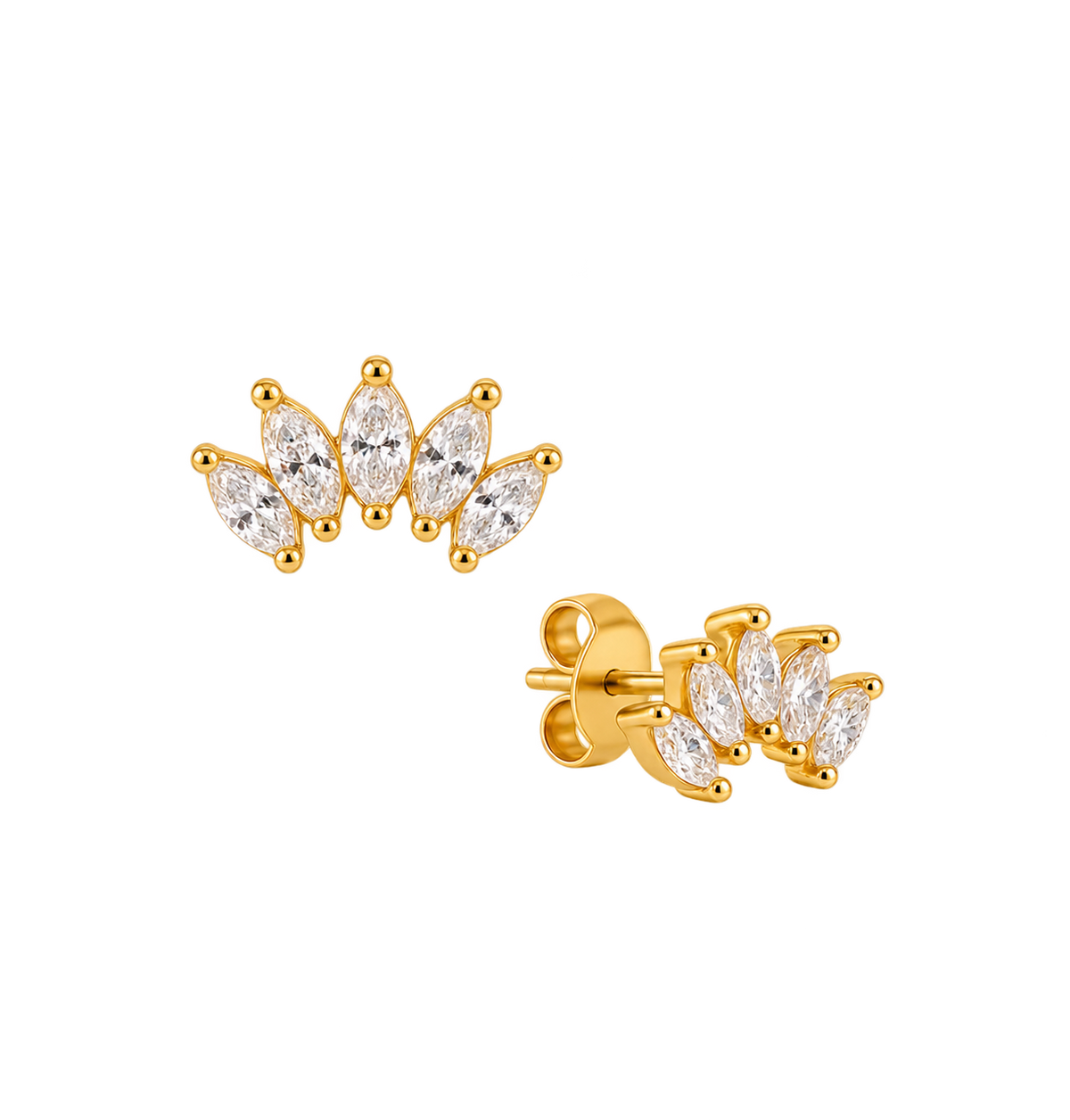 A pair of gold stud earrings featuring marquise-cut clear gemstones arranged in a curved fan shape, shown on a plain white background with one earring facing forward and the other angled to show the post and backing.