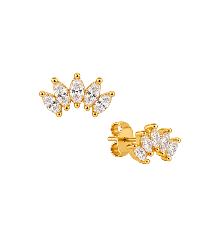 A pair of gold stud earrings featuring marquise-cut clear gemstones arranged in a curved fan shape, shown on a plain white background with one earring facing forward and the other angled to show the post and backing.
