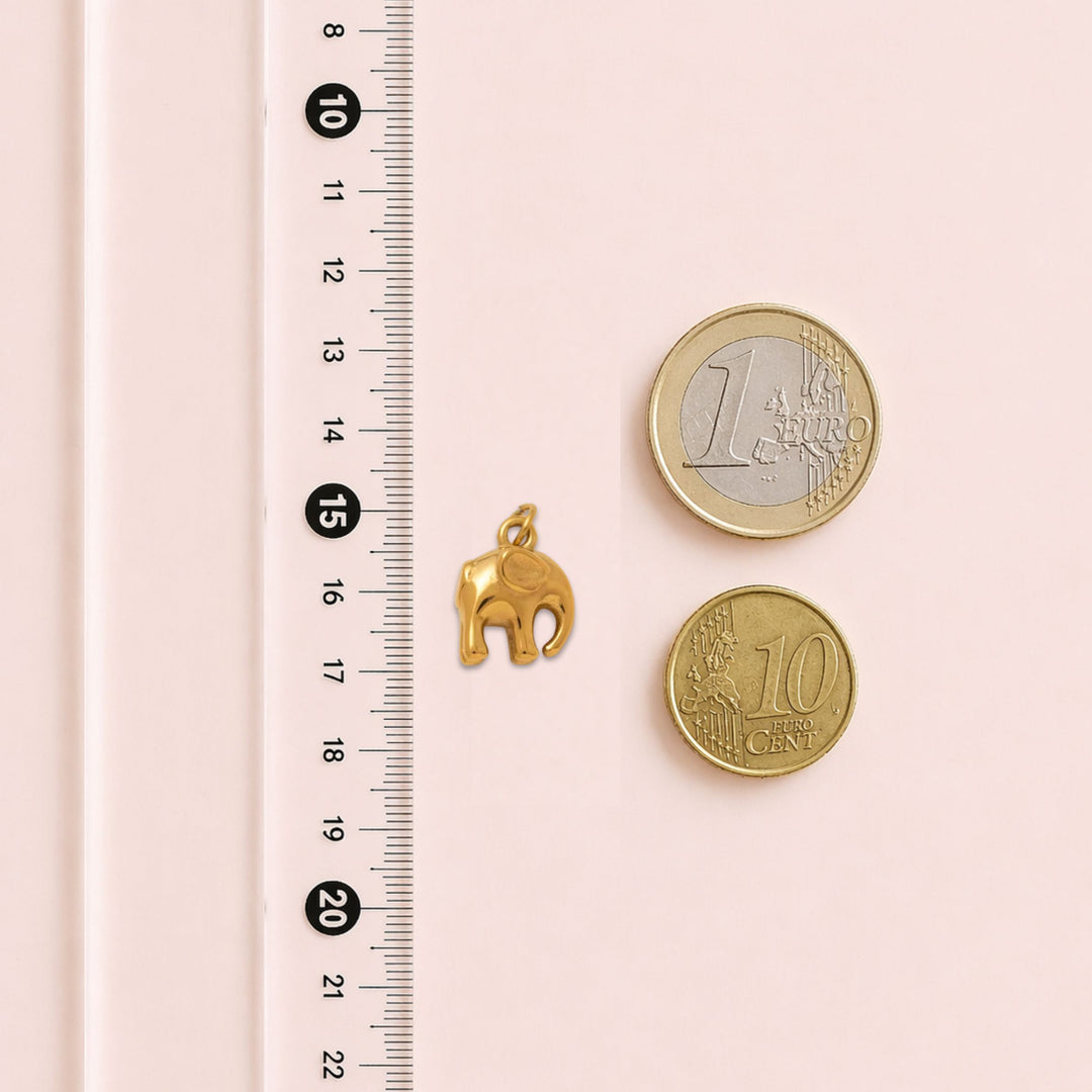 Gold elephant pendant and two gold coins next to a ruler on a pink background