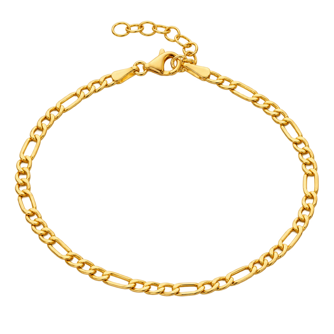 A gold Figaro chain bracelet with a lobster clasp and extender chain, shown on a plain white background.