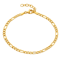 A gold Figaro chain bracelet with a lobster clasp and extender chain, shown on a plain white background.
