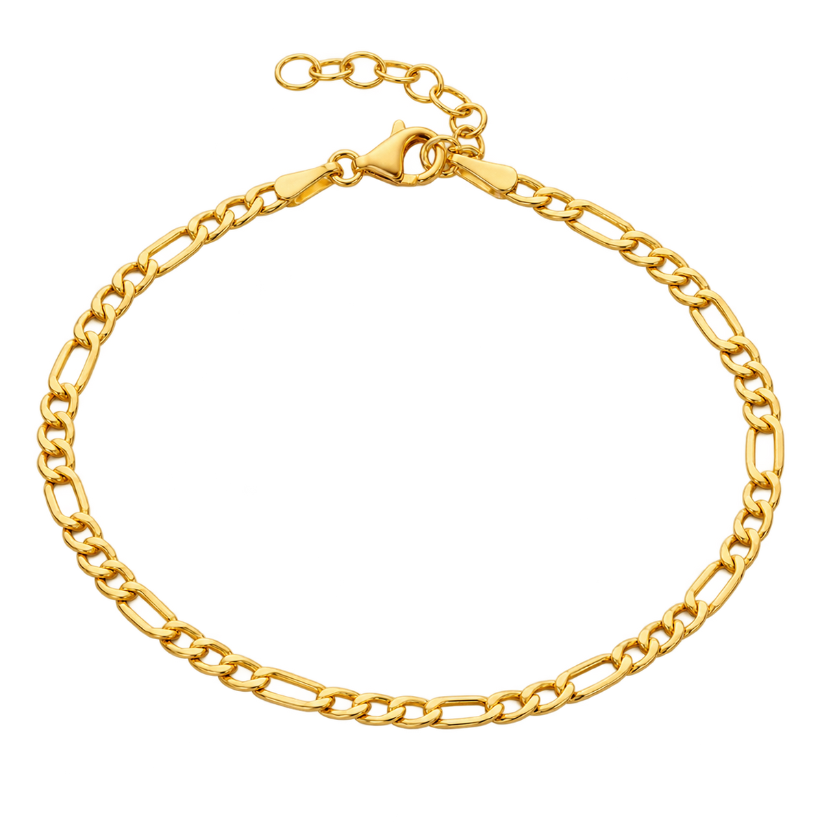 A gold Figaro chain bracelet with a lobster clasp and extender chain, shown on a plain white background.