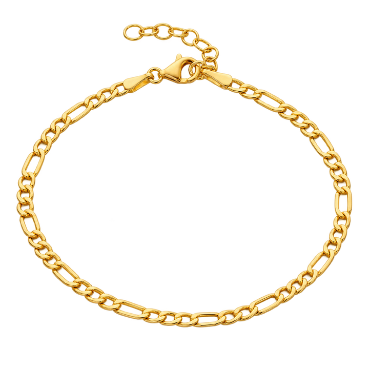 A gold Figaro chain bracelet with a lobster clasp and extender chain, shown on a plain white background.
