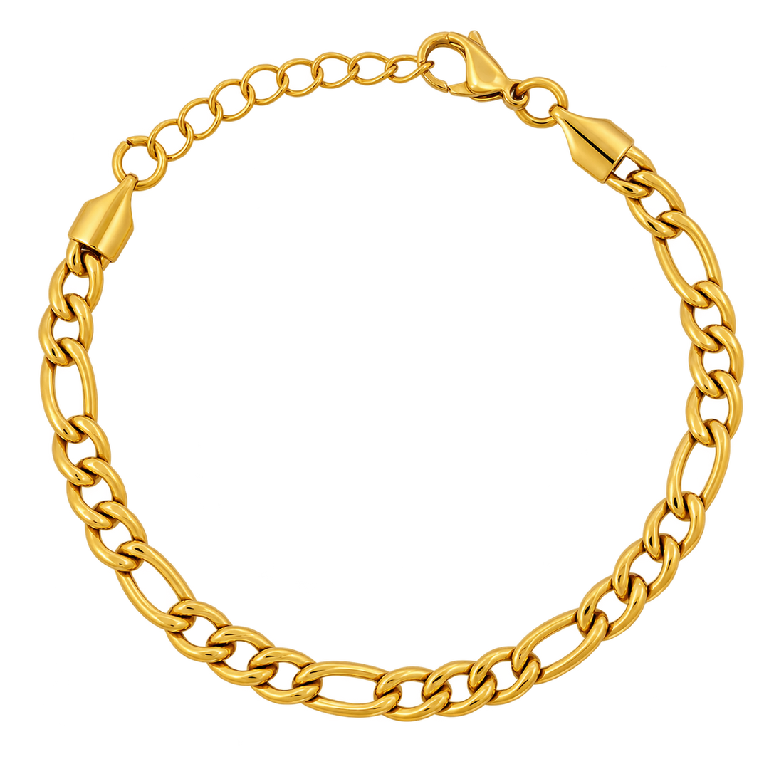 A polished yellow gold chain bracelet with alternating curb and figure-eight style links, featuring a lobster clasp and adjustable spring-ring clasp, shown on a plain white background.