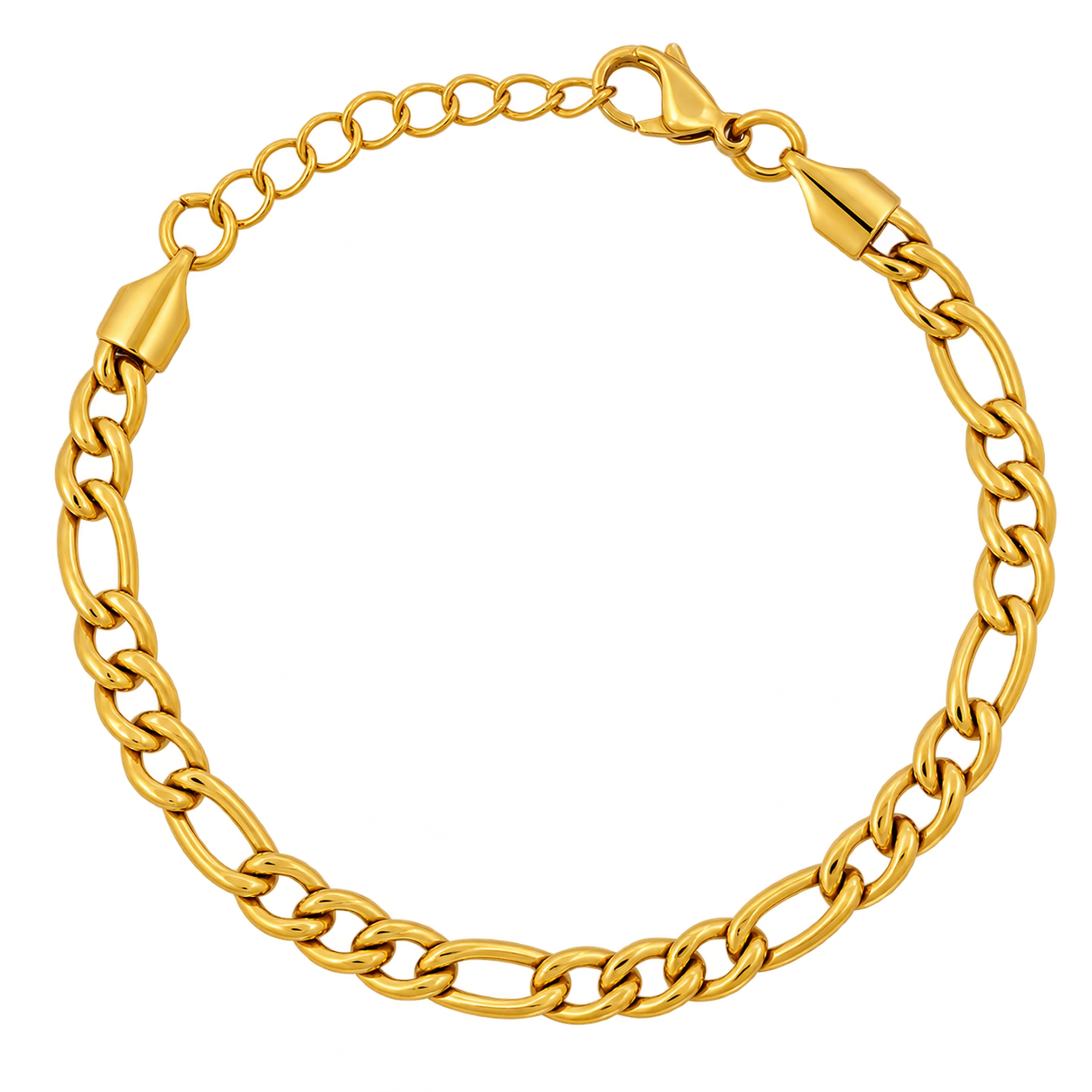 A polished yellow gold chain bracelet with alternating curb and figure-eight style links, featuring a lobster clasp and adjustable spring-ring clasp, shown on a plain white background.