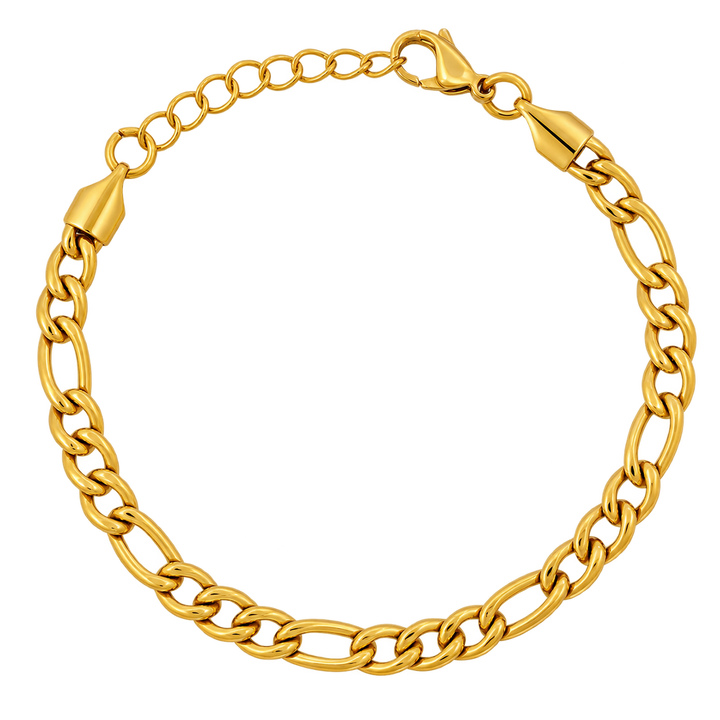 A polished yellow gold chain bracelet with alternating curb and figure-eight style links, featuring a lobster clasp and adjustable spring-ring clasp, shown on a plain white background.