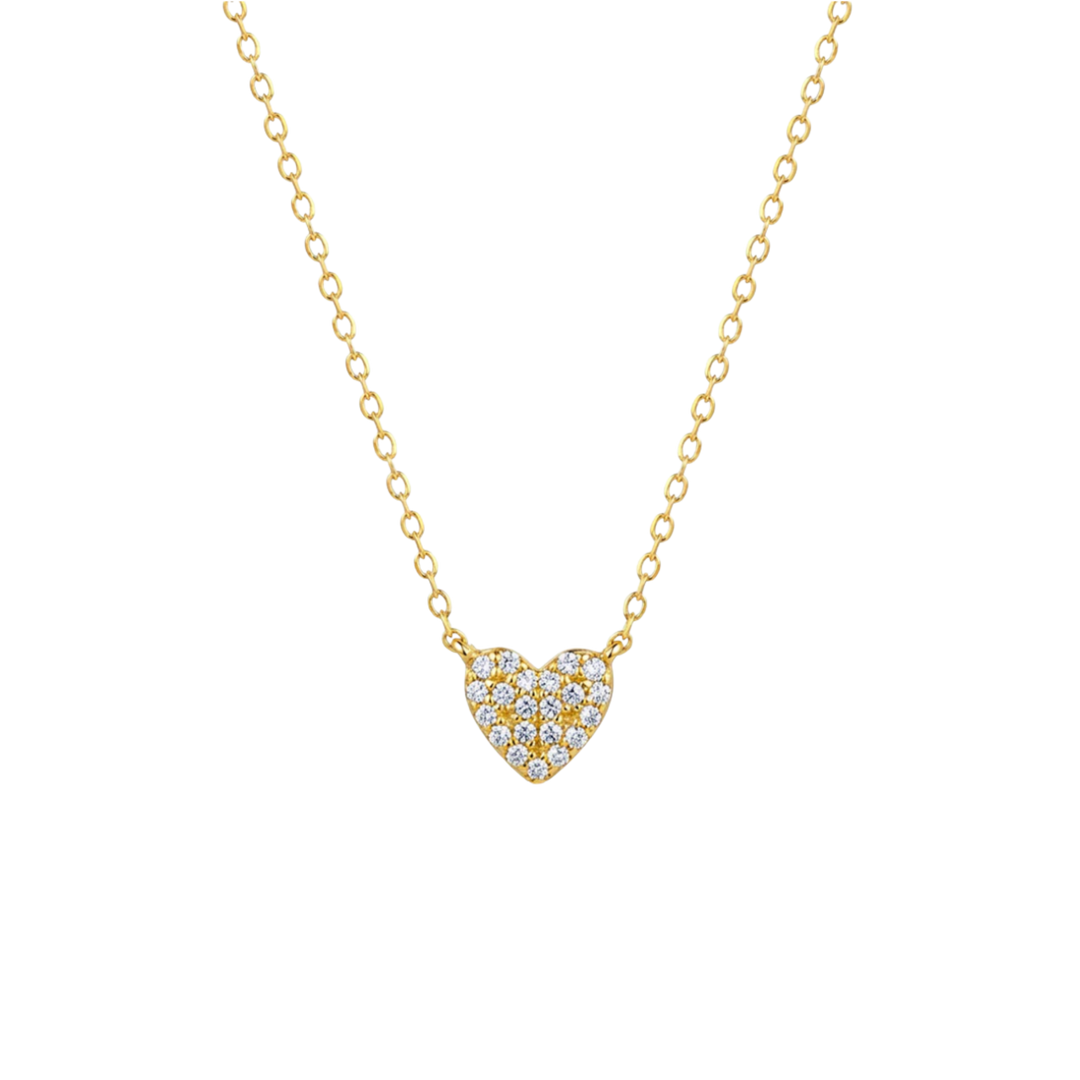 Gold necklace with a heart-shaped diamond pendant on a white background