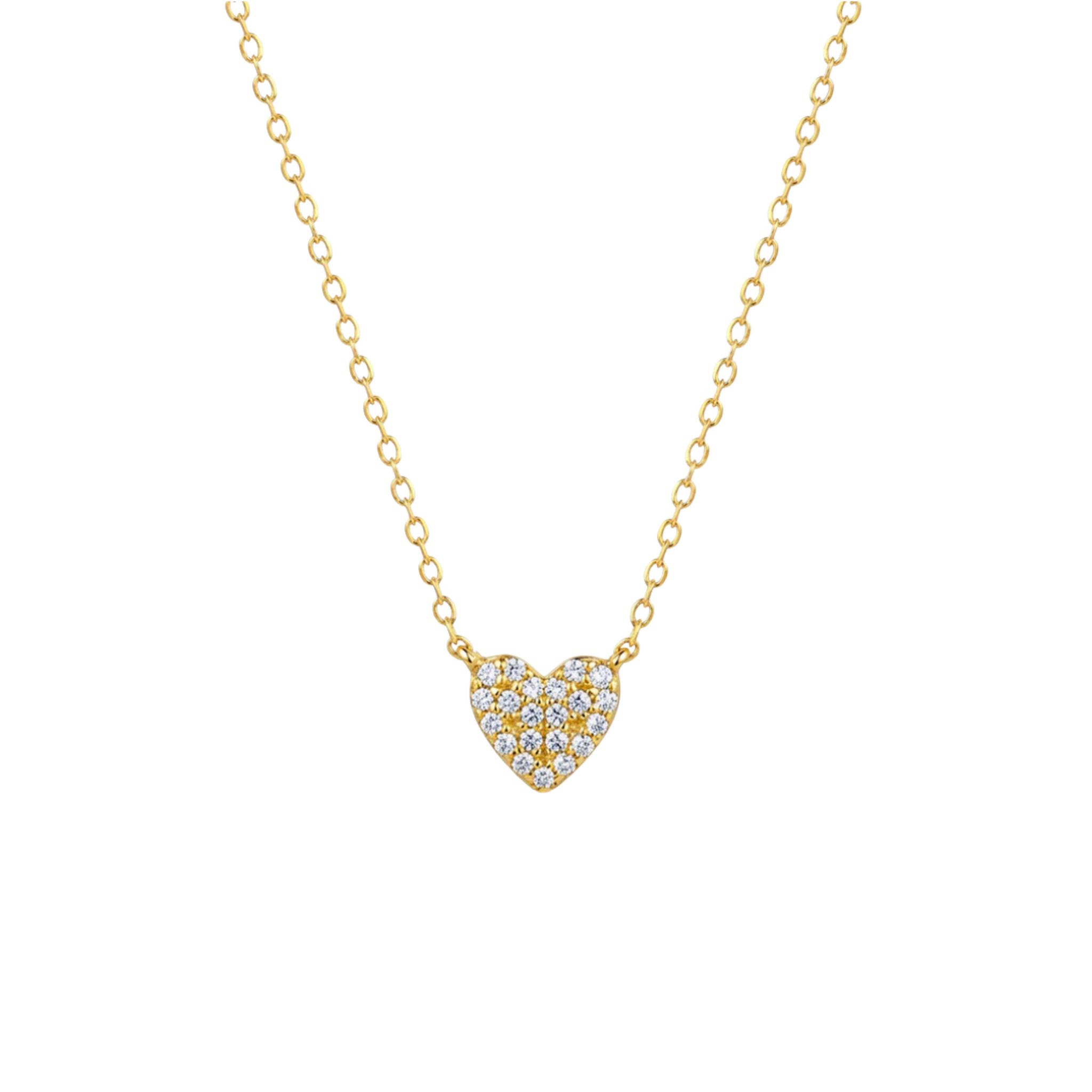 Gold necklace with a heart-shaped diamond pendant on a white background