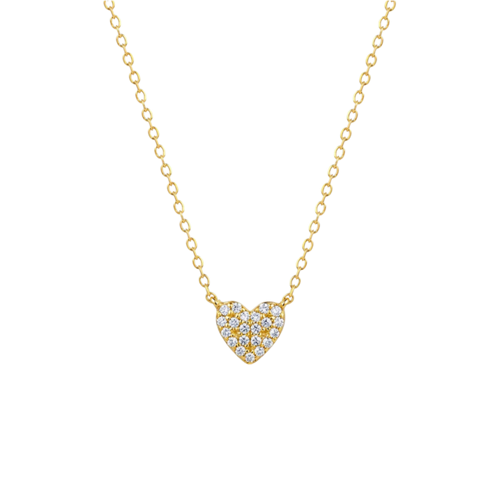 Gold necklace with a heart-shaped diamond pendant on a white background