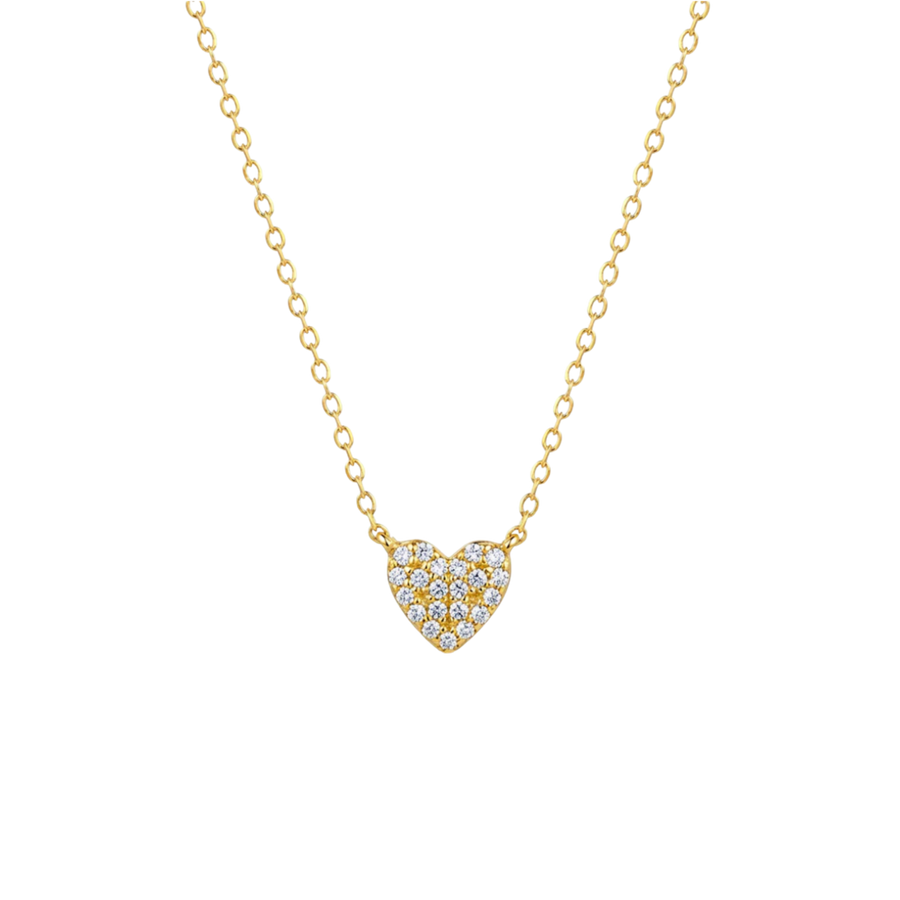 Gold necklace with a heart-shaped diamond pendant on a white background
