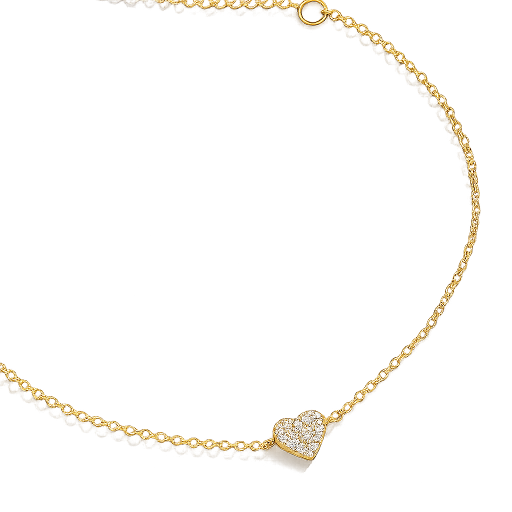 Gold necklace with a heart-shaped pendant on a white background