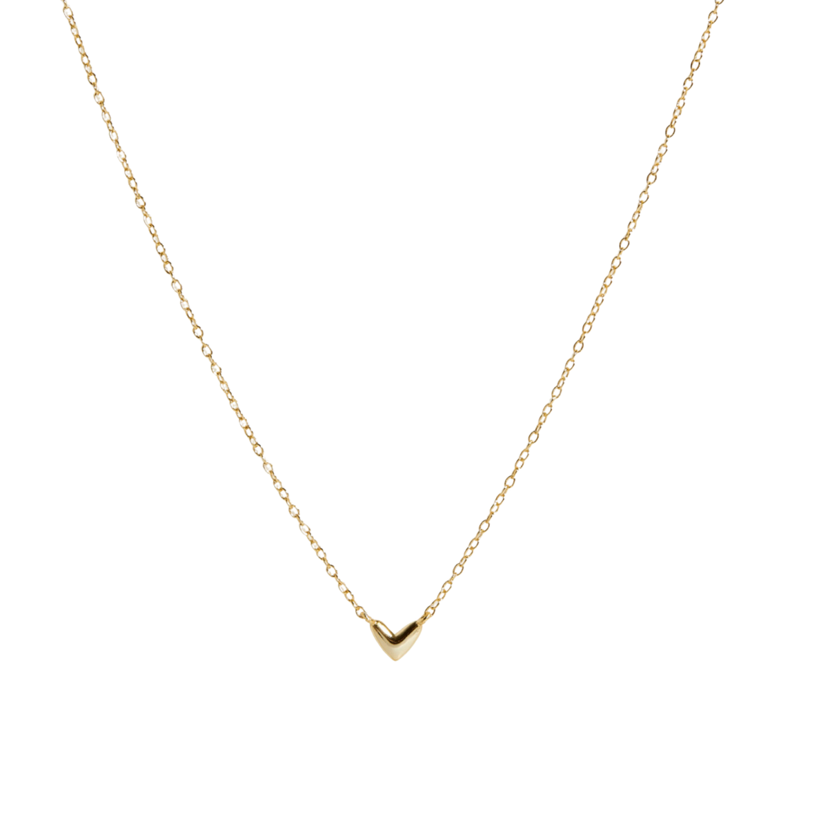 A delicate gold chain necklace featuring a small, polished gold chevron pendant, presented on a clean white background.