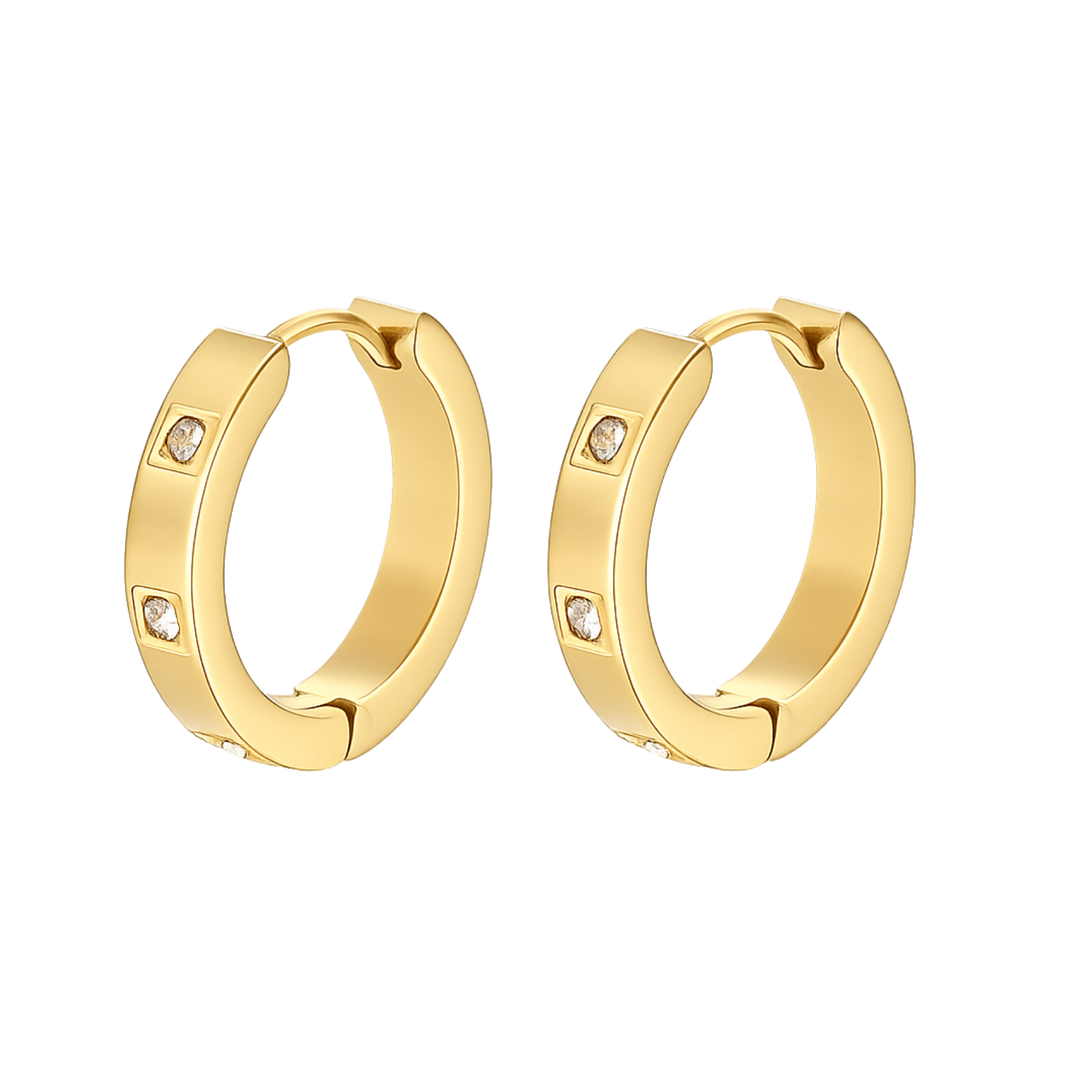 Gold hoop earrings with small diamonds on a white background