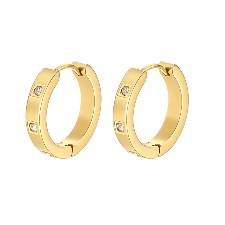 Gold hoop earrings with small diamonds on a white background