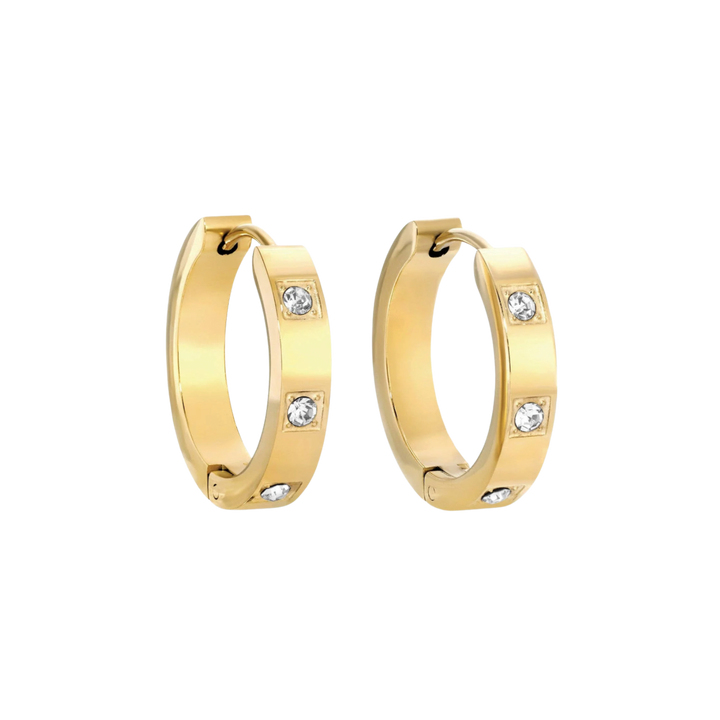 Gold hoop earrings with embedded crystals on a white background