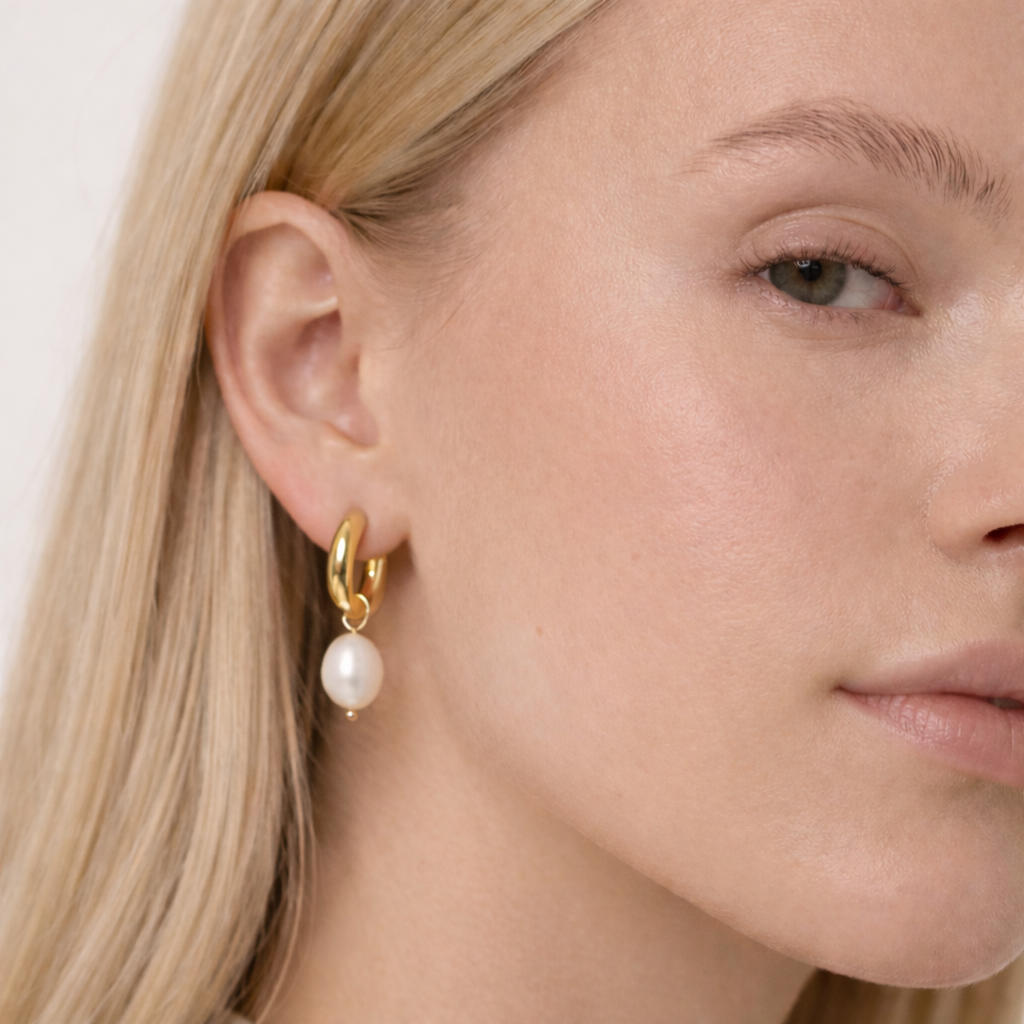 Close-up of a woman wearing gold hoop earrings with a pearl accent.