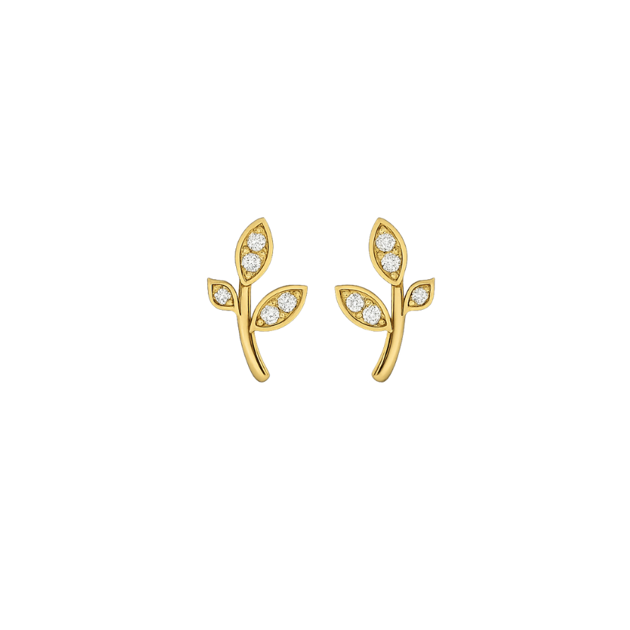 Gold leaf-shaped earrings with embedded stones on a white background