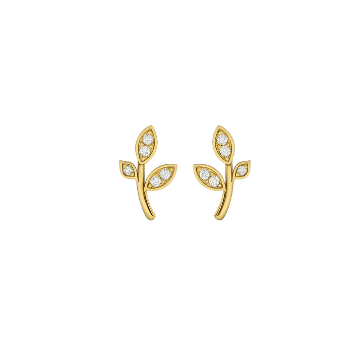 Gold leaf-shaped earrings with embedded stones on a white background