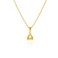 Gold necklace with a letter shaped pendant on a white background