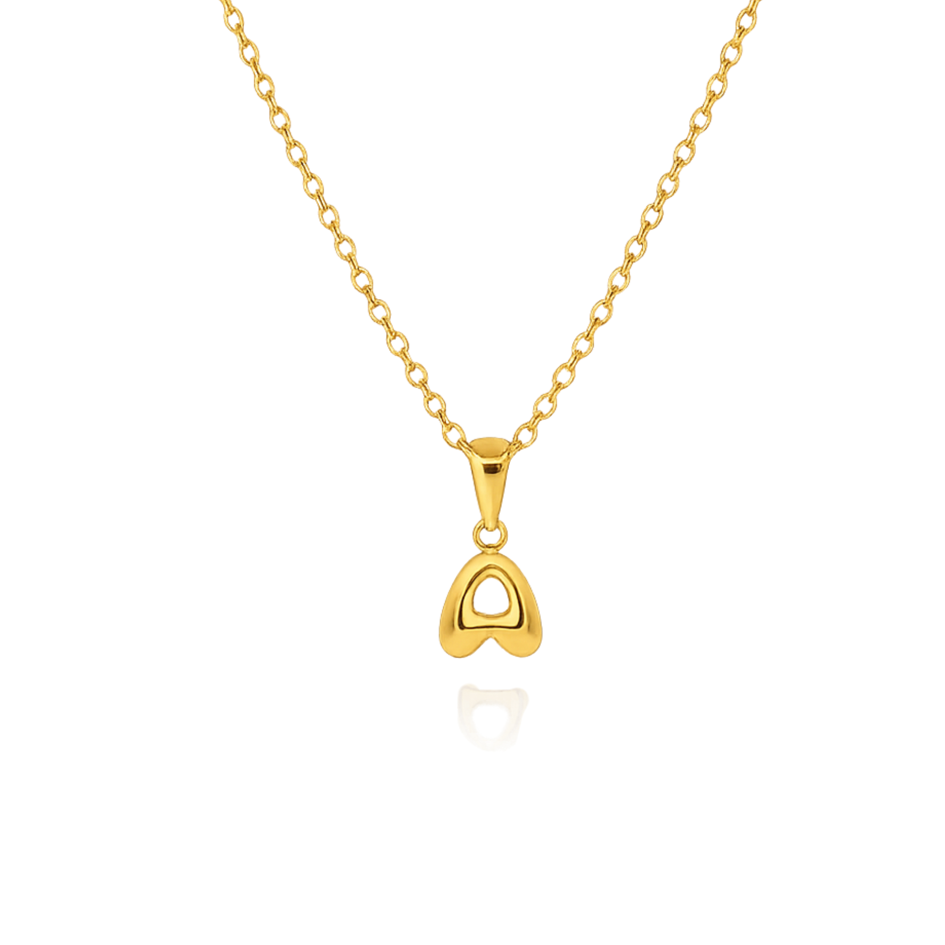 Gold necklace with a letter shaped pendant on a white background