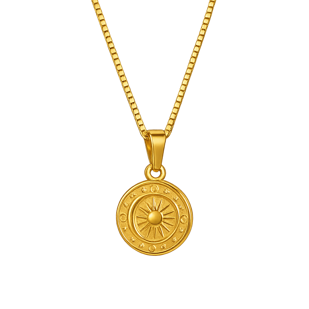 Gold necklace with a round pendant on a white background