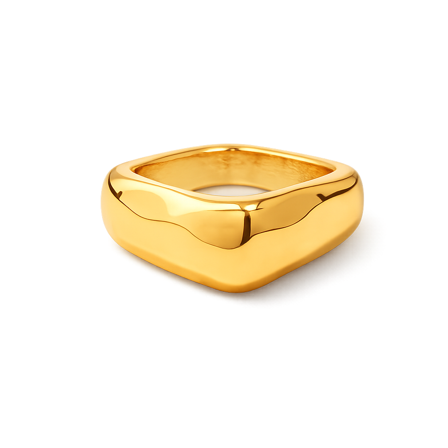 Chunky gold ring with a square design on a white background