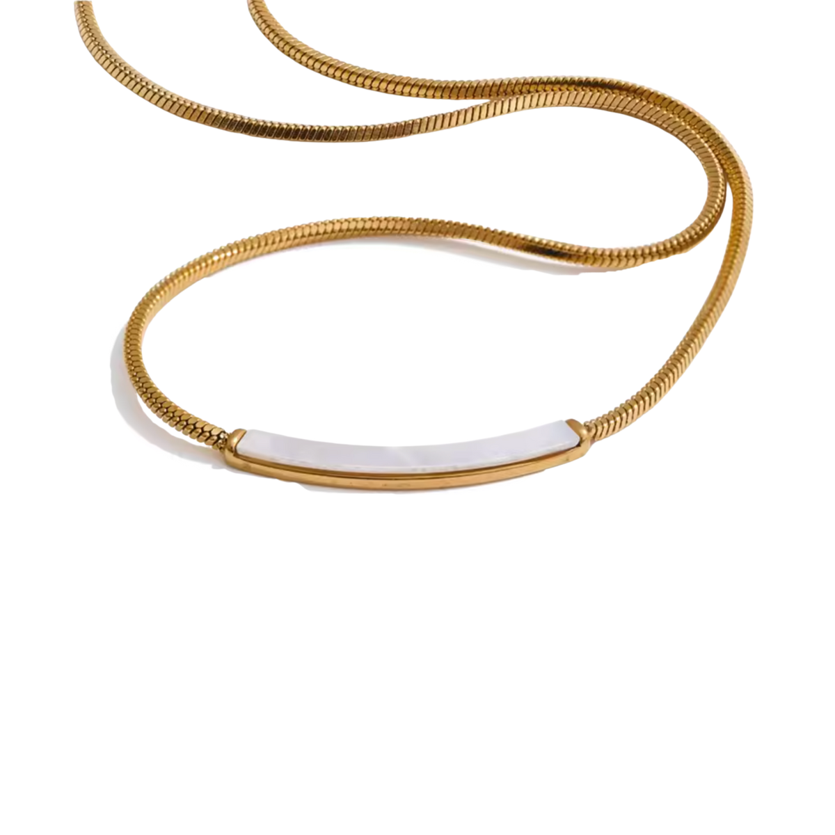 A gold snake chain necklace with a polished gold bar pendant featuring a smooth white inlay, displayed on a clean white background.