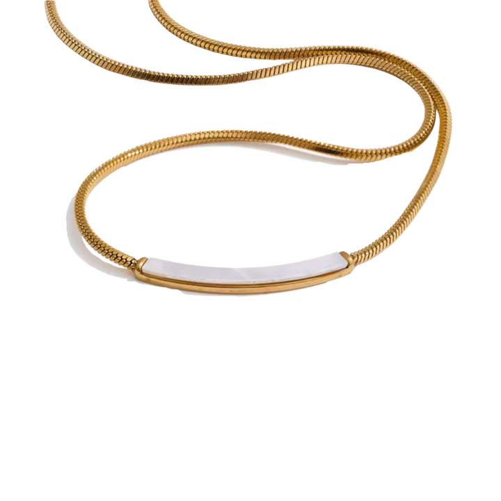 A gold snake chain necklace with a polished gold bar pendant featuring a smooth white inlay, displayed on a clean white background.
