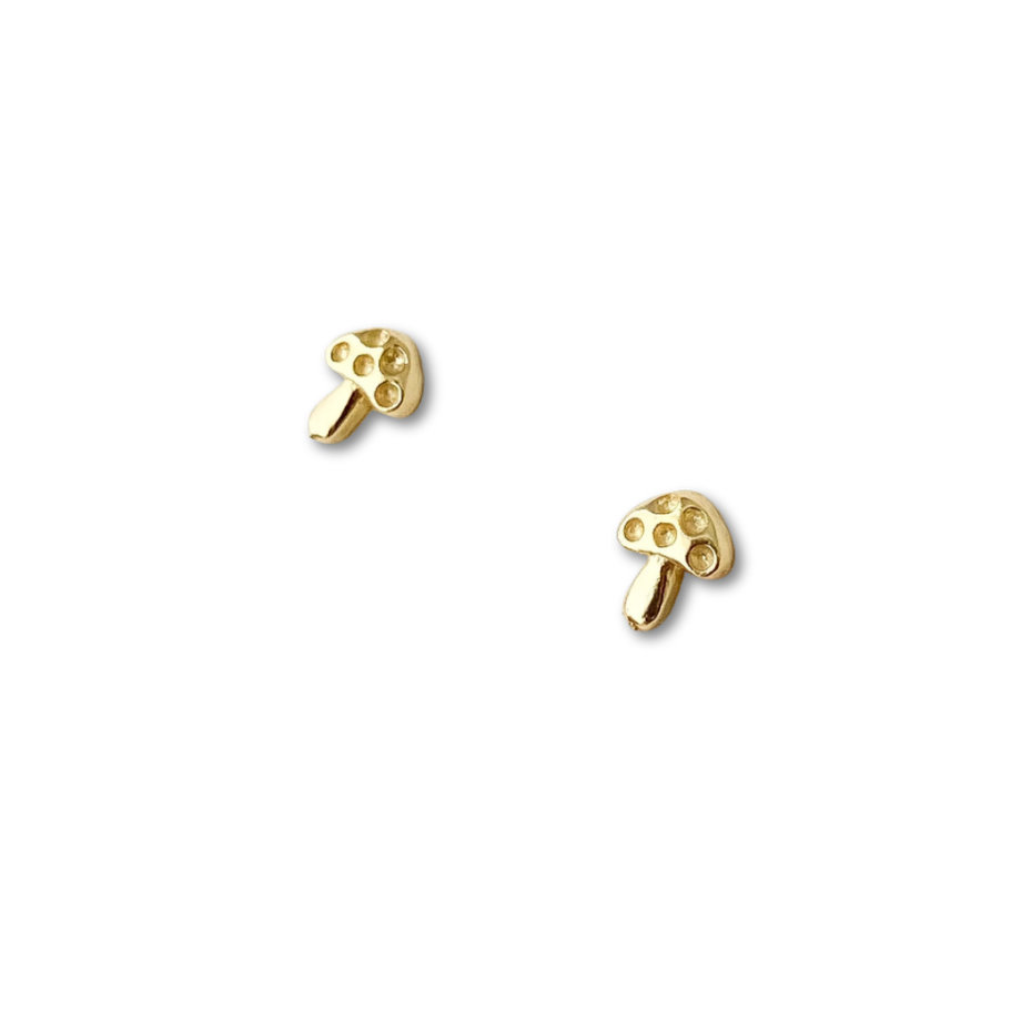 Gold mushroom-shaped earrings on a white background