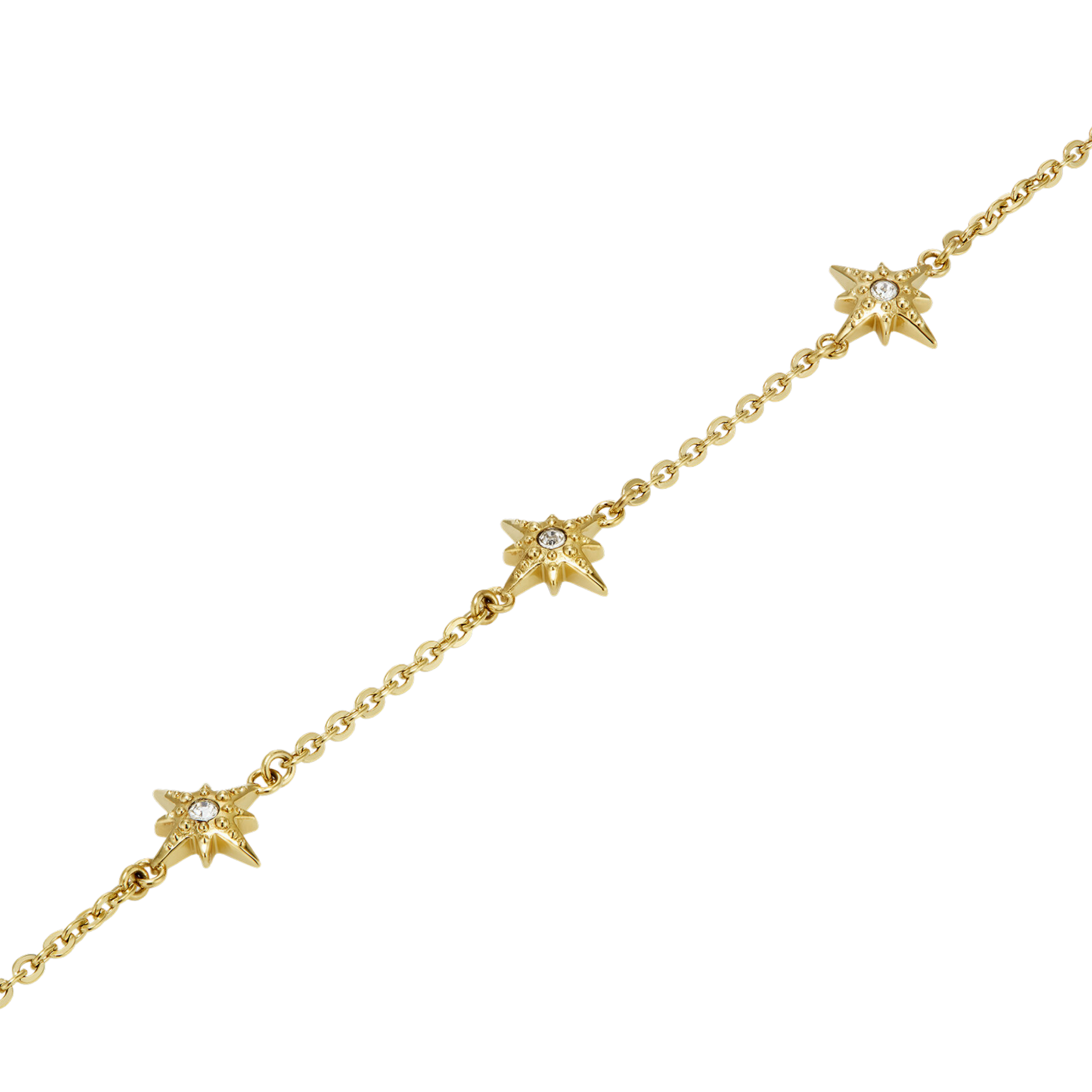 Gold bracelet with star-shaped links on a white background
