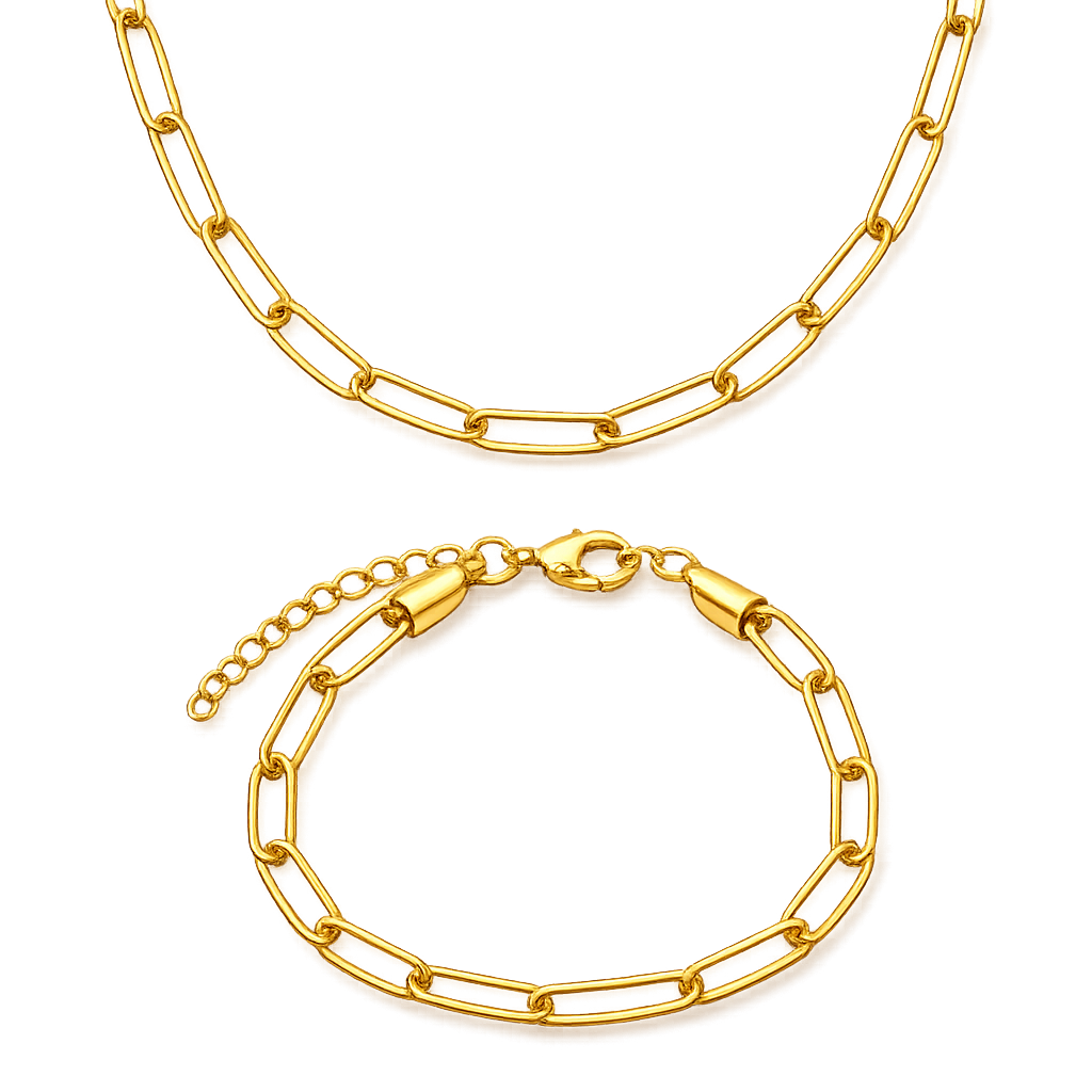 Gold chain necklace and bracelet on a white background
