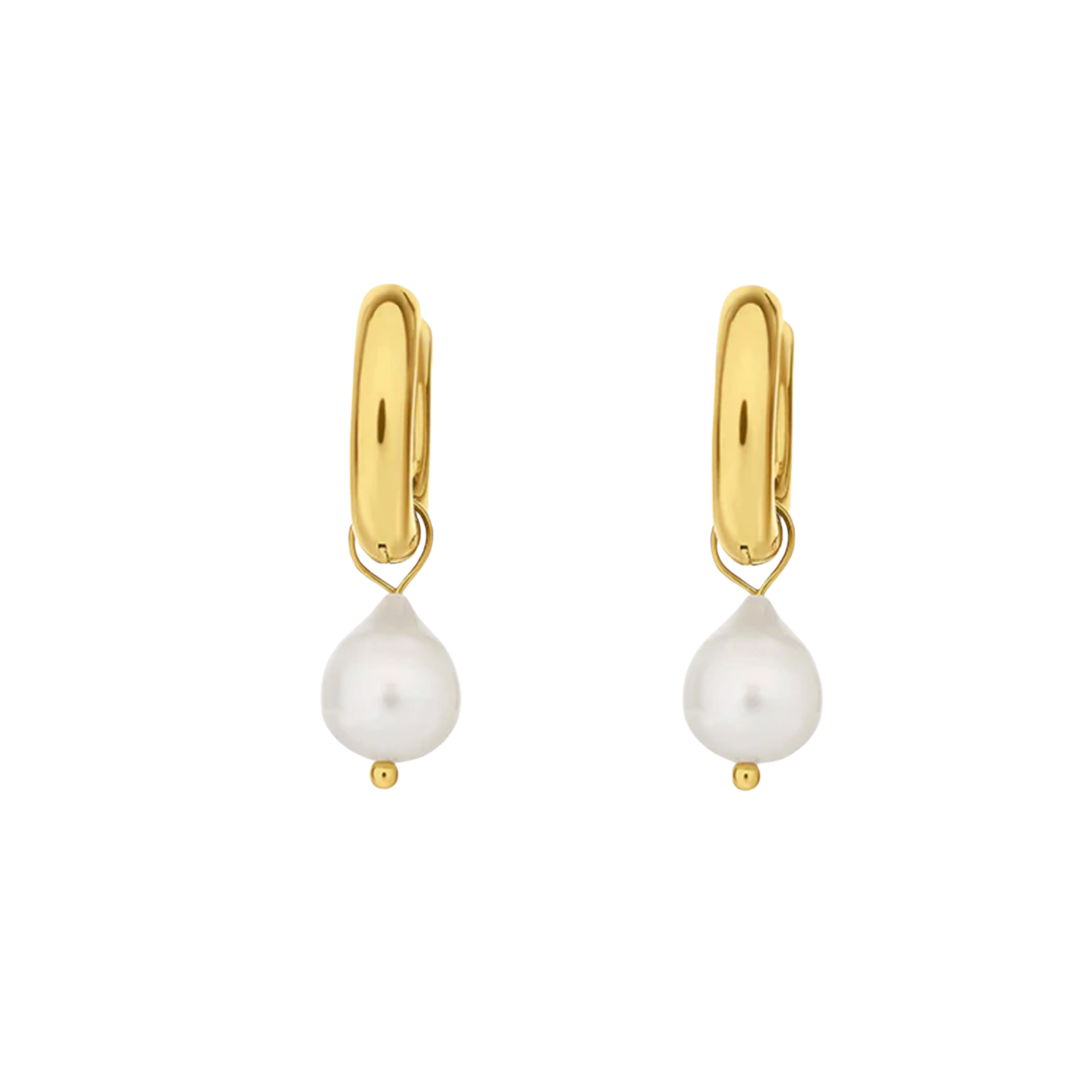 Gold hoop earrings with white pearl drops on a white background