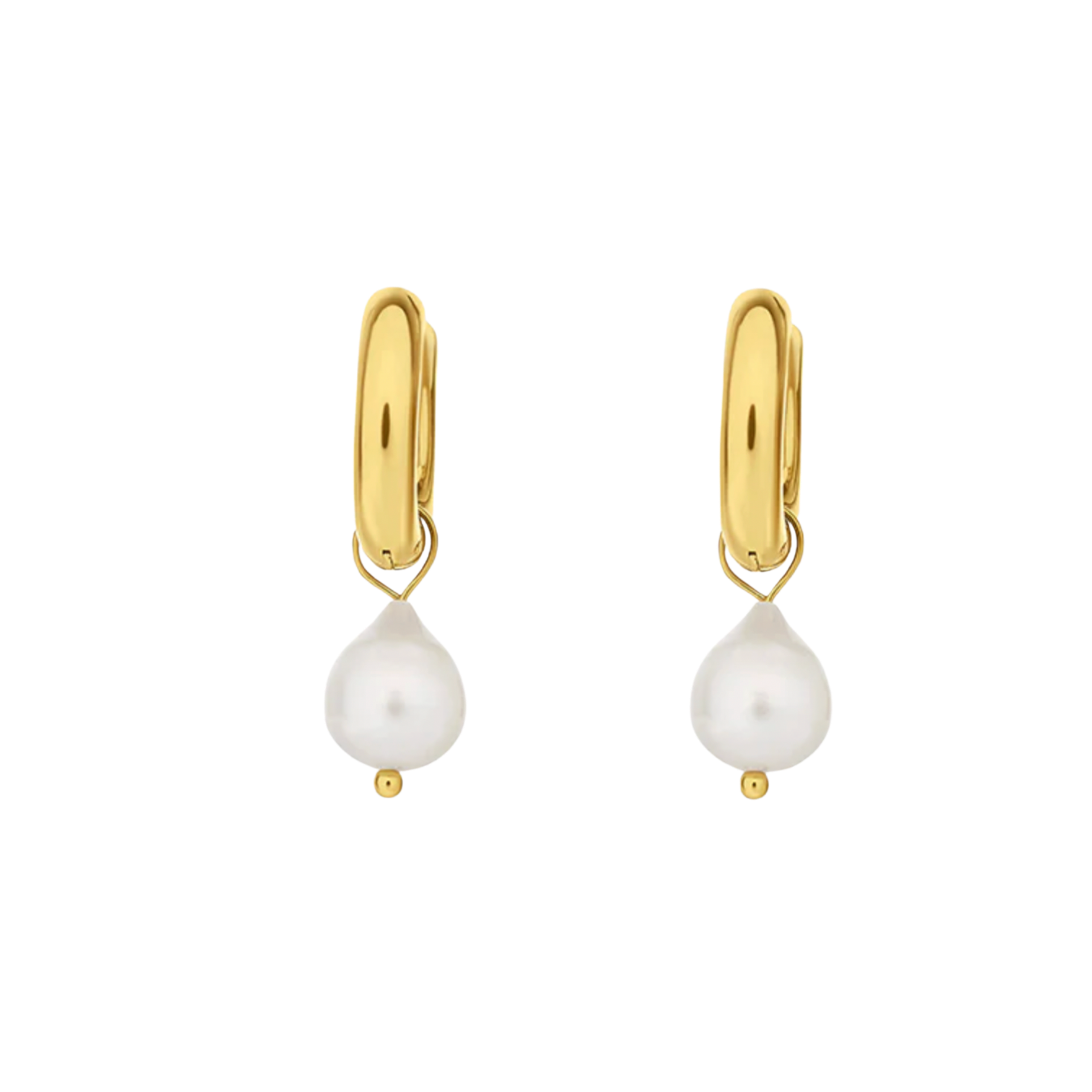 Gold hoop earrings with white pearl drops on a white background