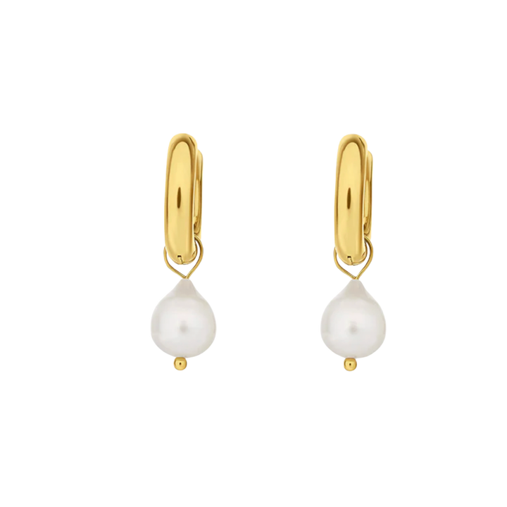 Gold hoop earrings with white pearl drops on a white background