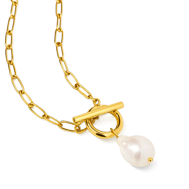 Gold necklace with a pearl pendant on a white background