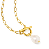 Gold necklace with a pearl pendant on a white background