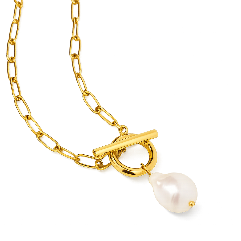 Gold necklace with a pearl pendant on a white background