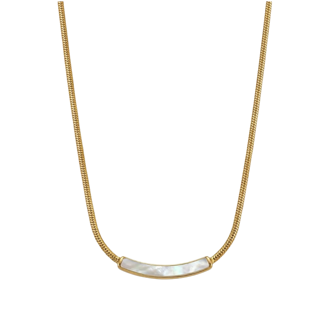 A gold chain necklace featuring a curved bar pendant made of white mother-of-pearl, shown against a plain white background.