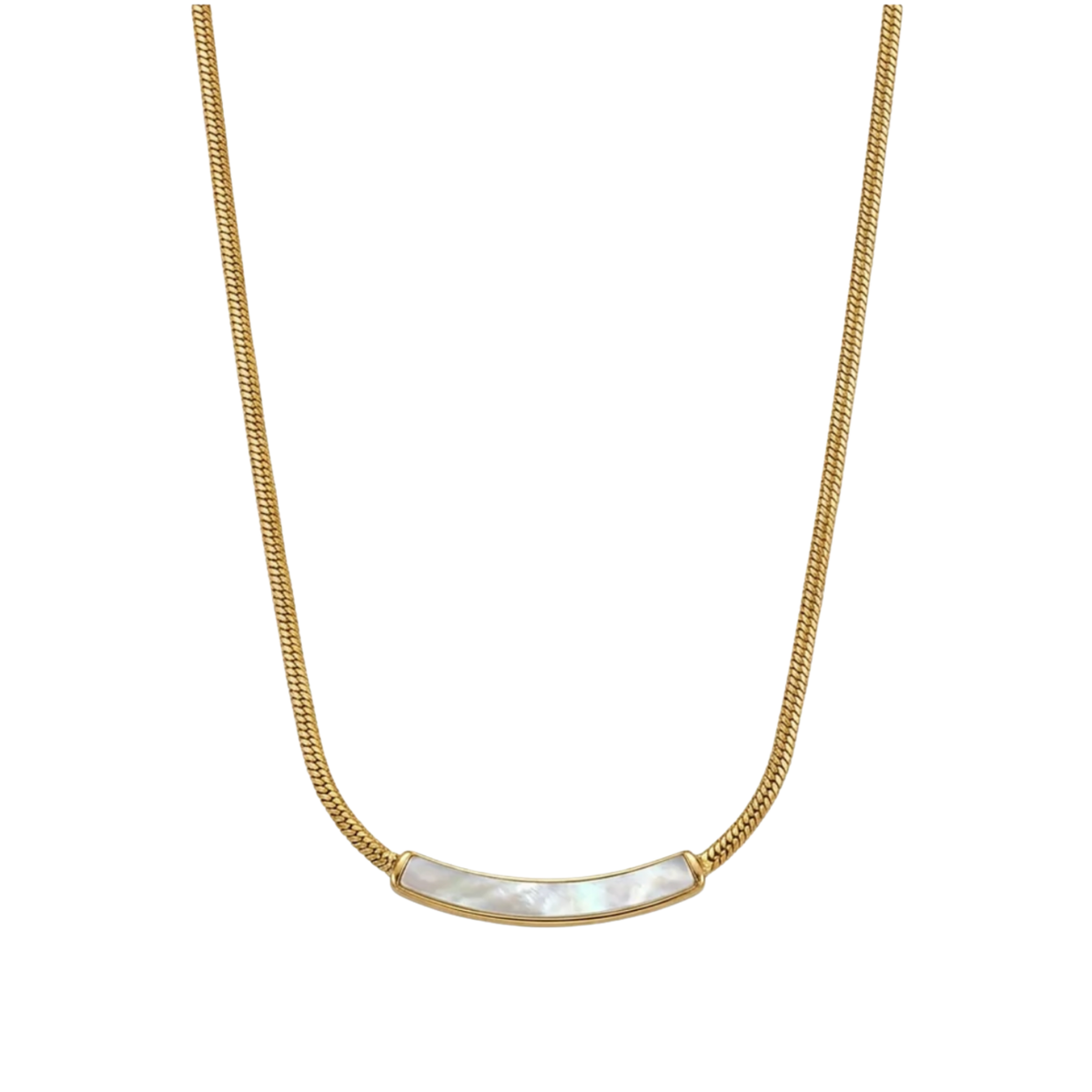 A gold chain necklace featuring a curved bar pendant made of white mother-of-pearl, shown against a plain white background.