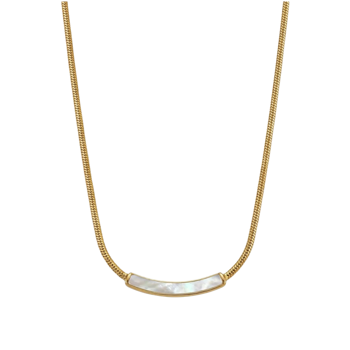 A gold chain necklace featuring a curved bar pendant made of white mother-of-pearl, shown against a plain white background.