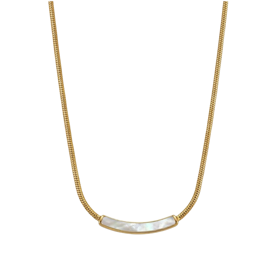 A gold chain necklace featuring a curved bar pendant made of white mother-of-pearl, shown against a plain white background.