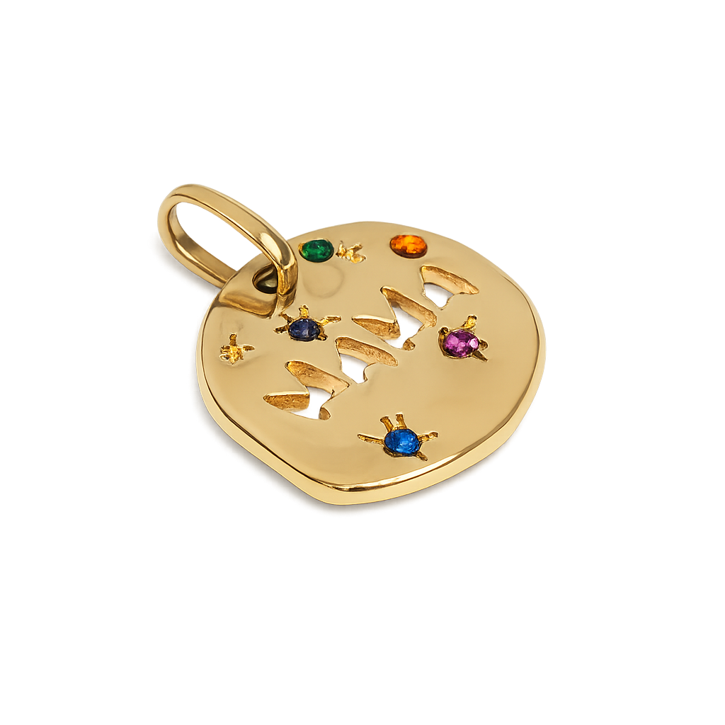 Gold heart-shaped pendant with engraved design and colorful gemstones on a white background