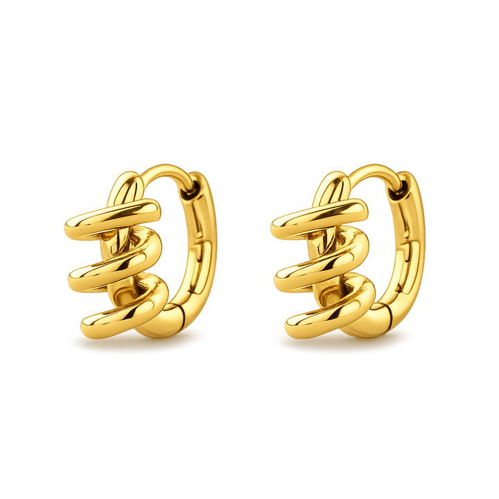 Pair of gold hoop earrings on a white background