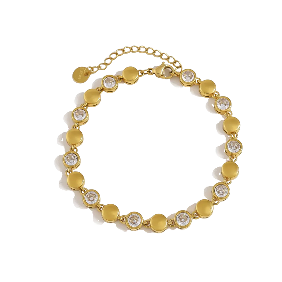 A gold-plated beaded bracelet featuring alternating flat round discs and circular settings with clear round-cut stones, displayed on a clean white background.