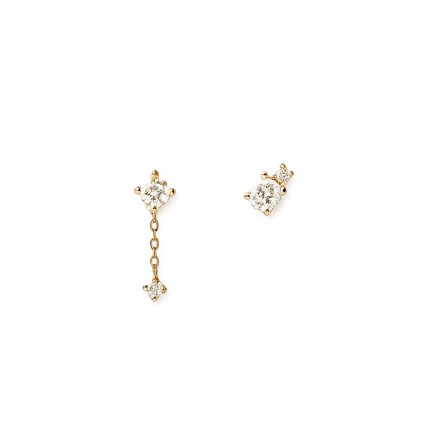 Gold earrings with diamond accents on a white background
