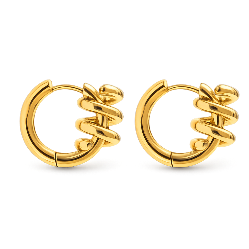 Pair of gold hoop earrings on a white background