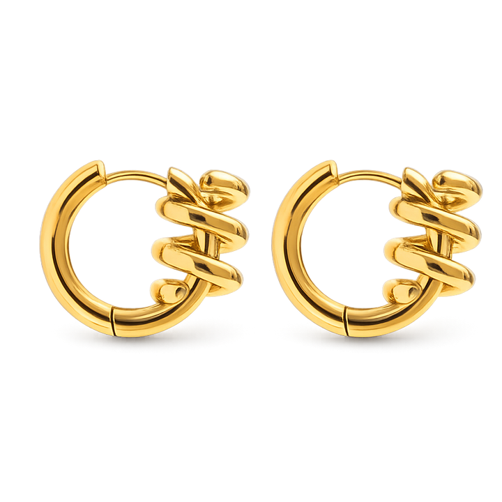 Pair of gold hoop earrings on a white background