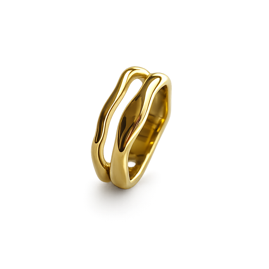 Gold ring with a modern design on a white background