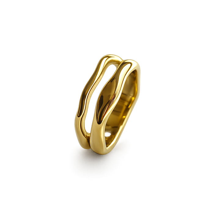 Gold ring with a modern design on a white background